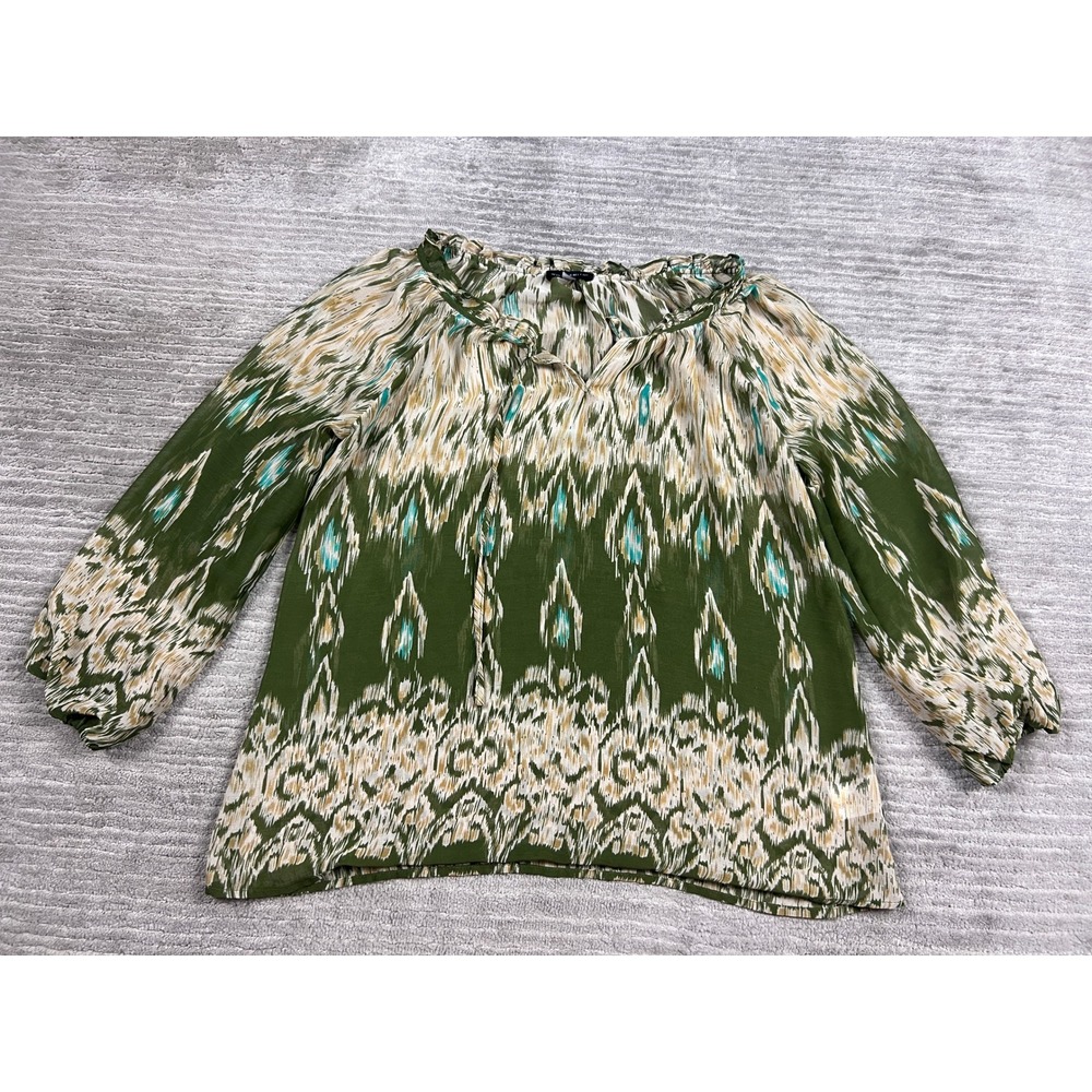 Willi Smith Blouse Womens Medium Green Ikat Peasant Ruffle Neck 3/4 Sleeve Boho
